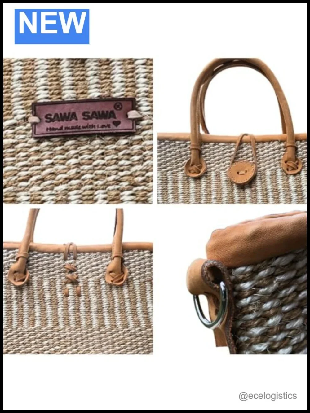 Handwoven Sisal Market Tote Bag with Leather Handles, Lightweight Beach Straw